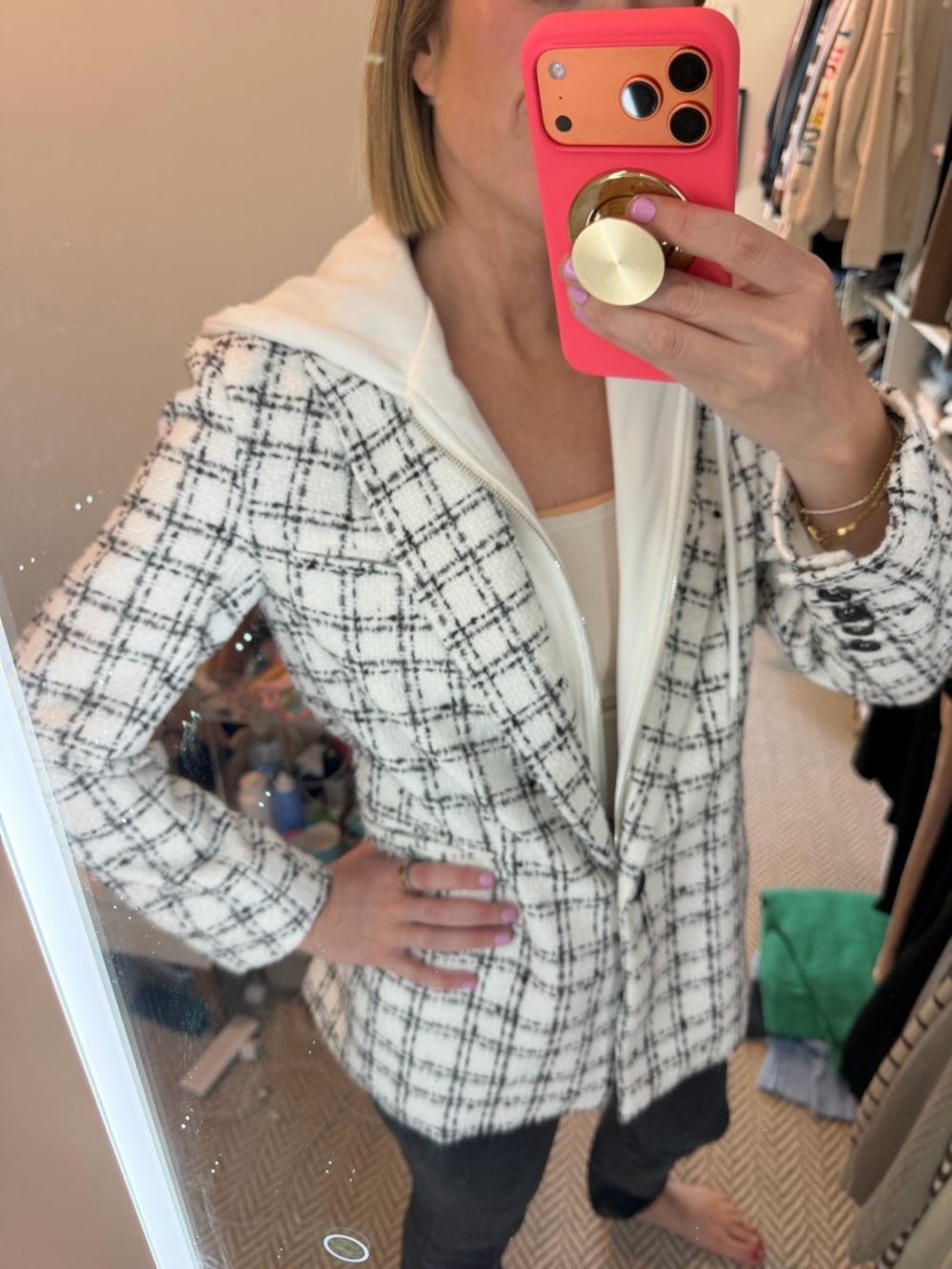 White Plaid Hooded Blazer - Women's Tweed Hoodie